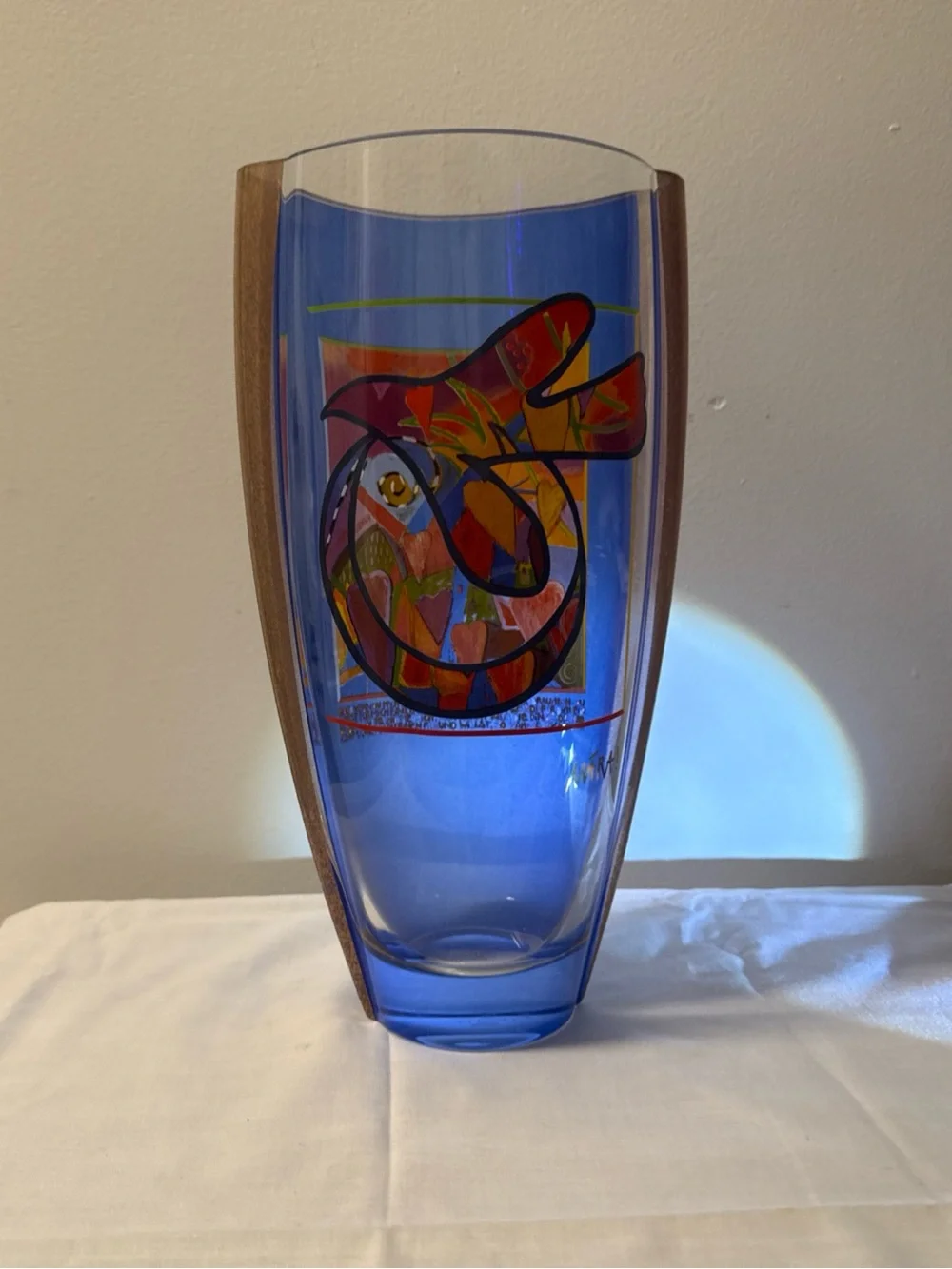 Goebel Blue Glass Vase with Multicolor Heart Motif signed MARA! 30cm tall